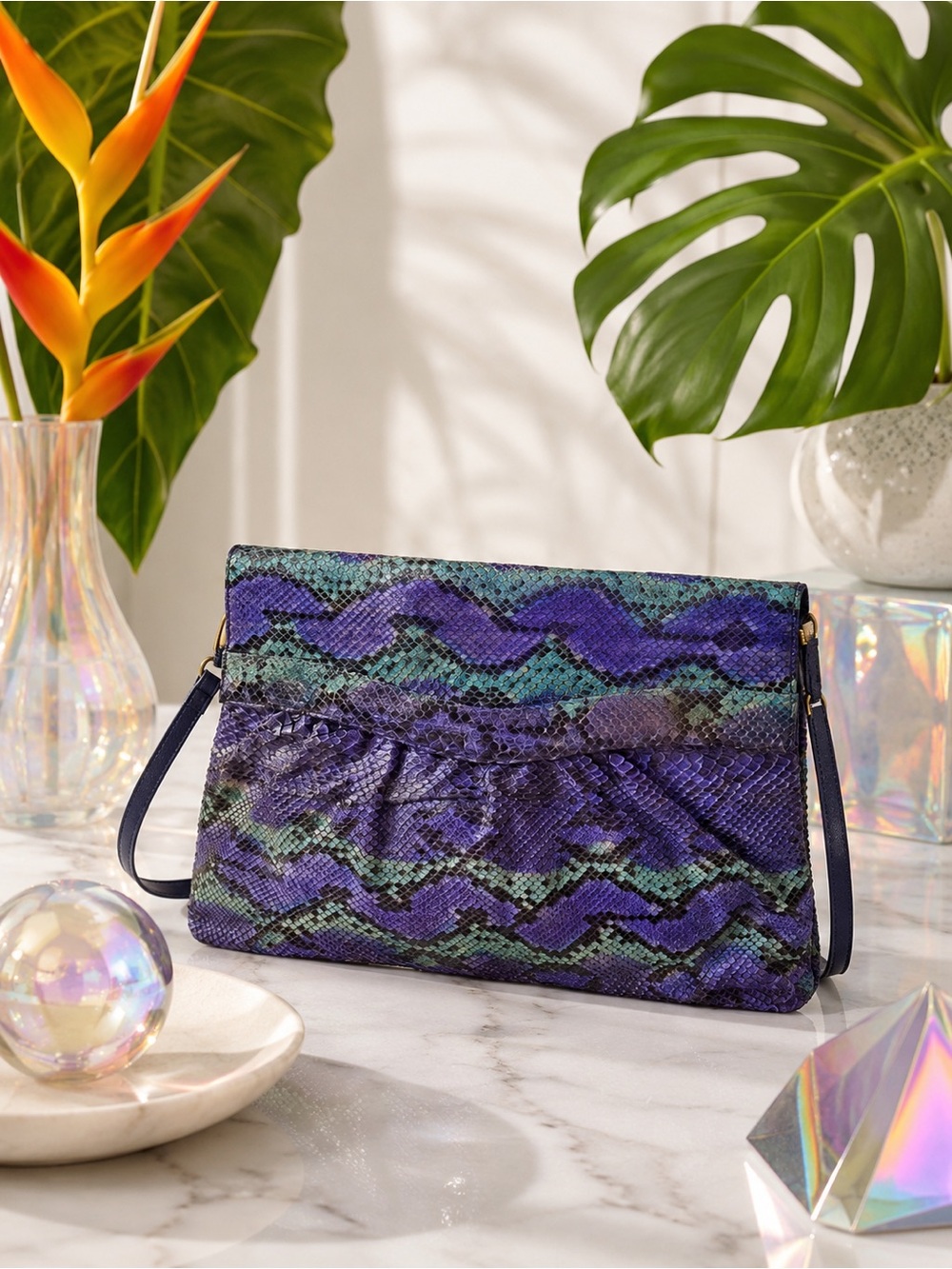 Multicolor Genuine Python Foldover Clutch / Crossbody – Purple & Teal Exotic Bag